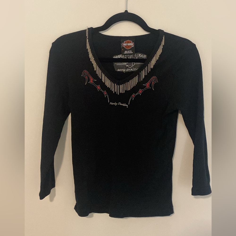 Vintage Harley Davidson Motorcyles Black Beaded Top 3/4 Length Sleeve Size Small
